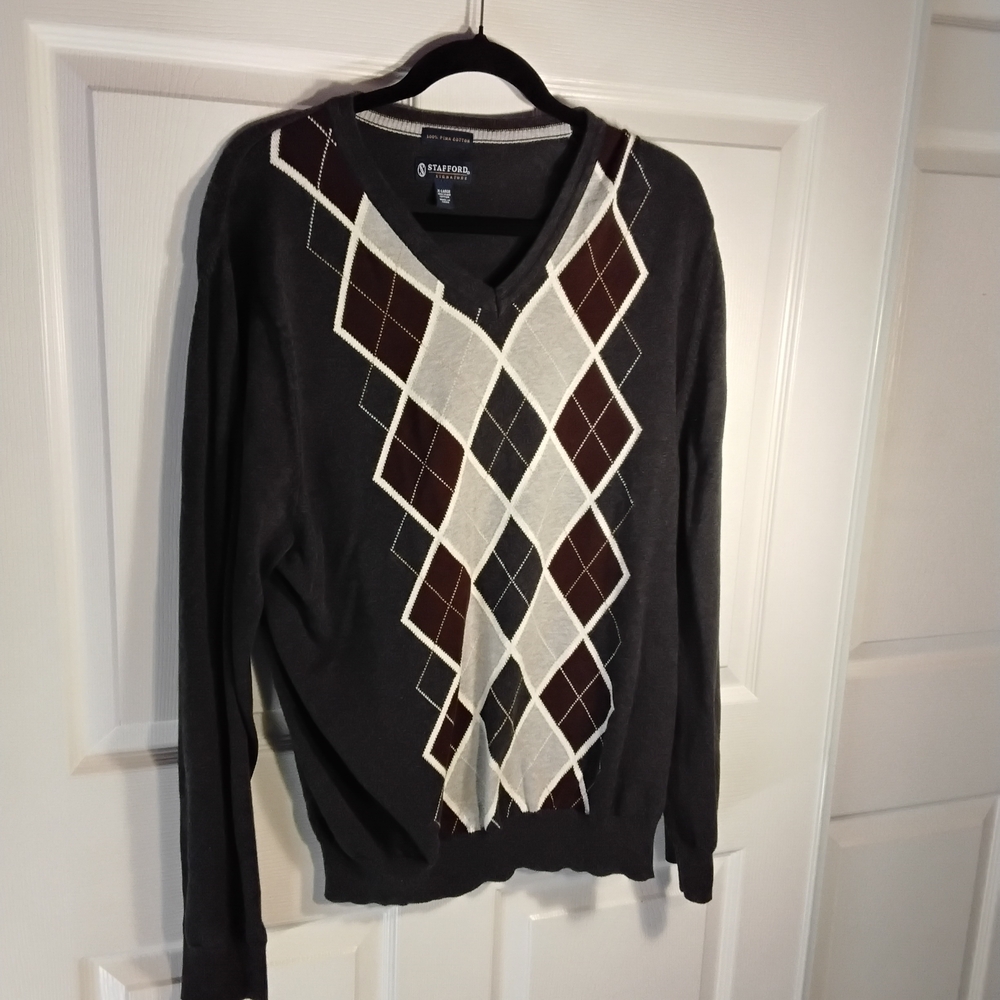Stafford Men's V-Neck Argyle Sweater - Black, Brown, and White